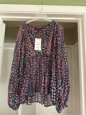 Zara Navy and Burgundy Floral Peasant Tunic